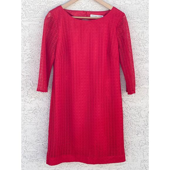 Trina Turk Red 3/4 Sleeve Studio Lace Eyelet Dress with Cutout Back - 8 - Picture 3 of 6